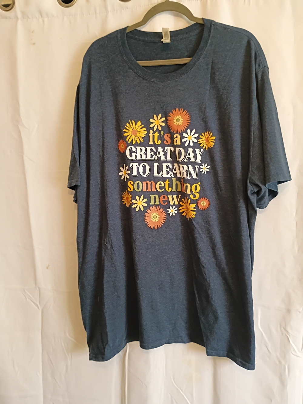 Jerzees Heathered Navy Blue Graphic Tee with Yellow & Orange Floral Print